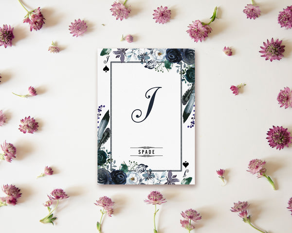 Watercolor Floral Flower Bouquet Initial Letter I Spade Monogram Note Cards