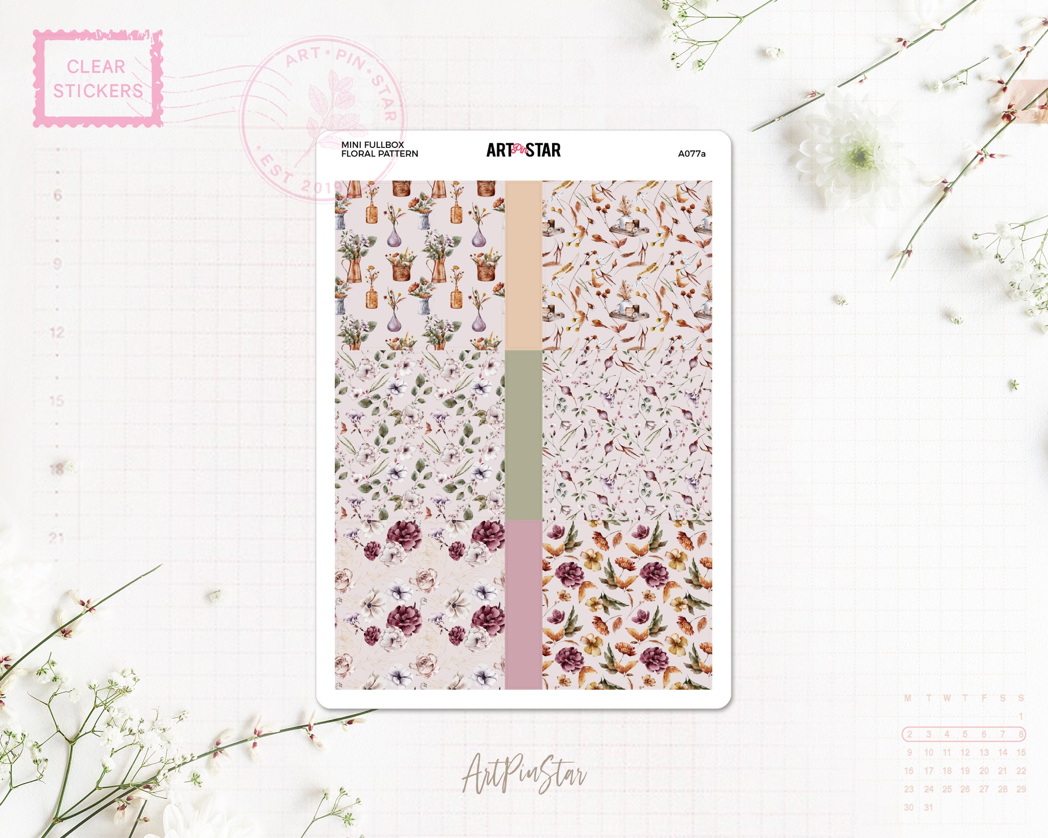 Floral Pattern Mini Fullbox Planner Sticker, A5