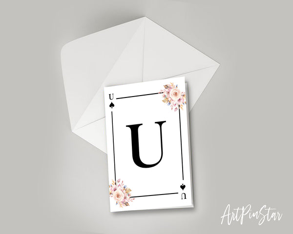 Boho Floral Bouquet Initial Flower Letter U Spade Monogram Note Cards