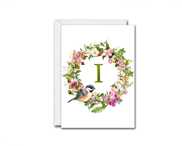 Alphabet Wreath Green Letter I Boho Floral bird Monogram Note Cards
