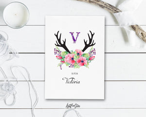 Initial Boho Floral Flower Personalized Letter V is for Name  Monogram Note Cards