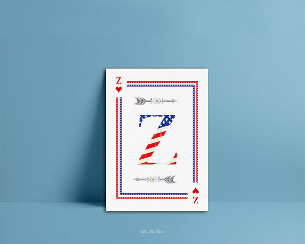 American Flag Letter Z Heart Monogram Note Cards