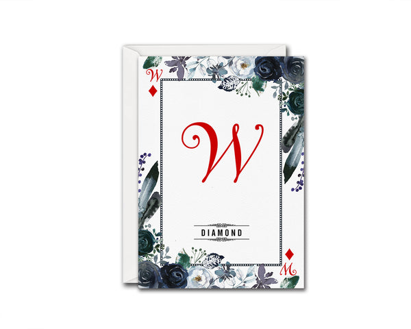 Watercolor Floral Flower Bouquet Initial Letter W Diamond Monogram Note Cards