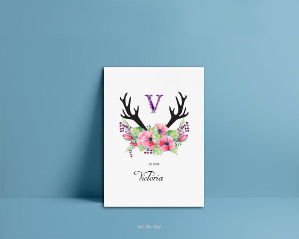 Initial Boho Floral Flower Personalized Letter V is for Name  Monogram Note Cards