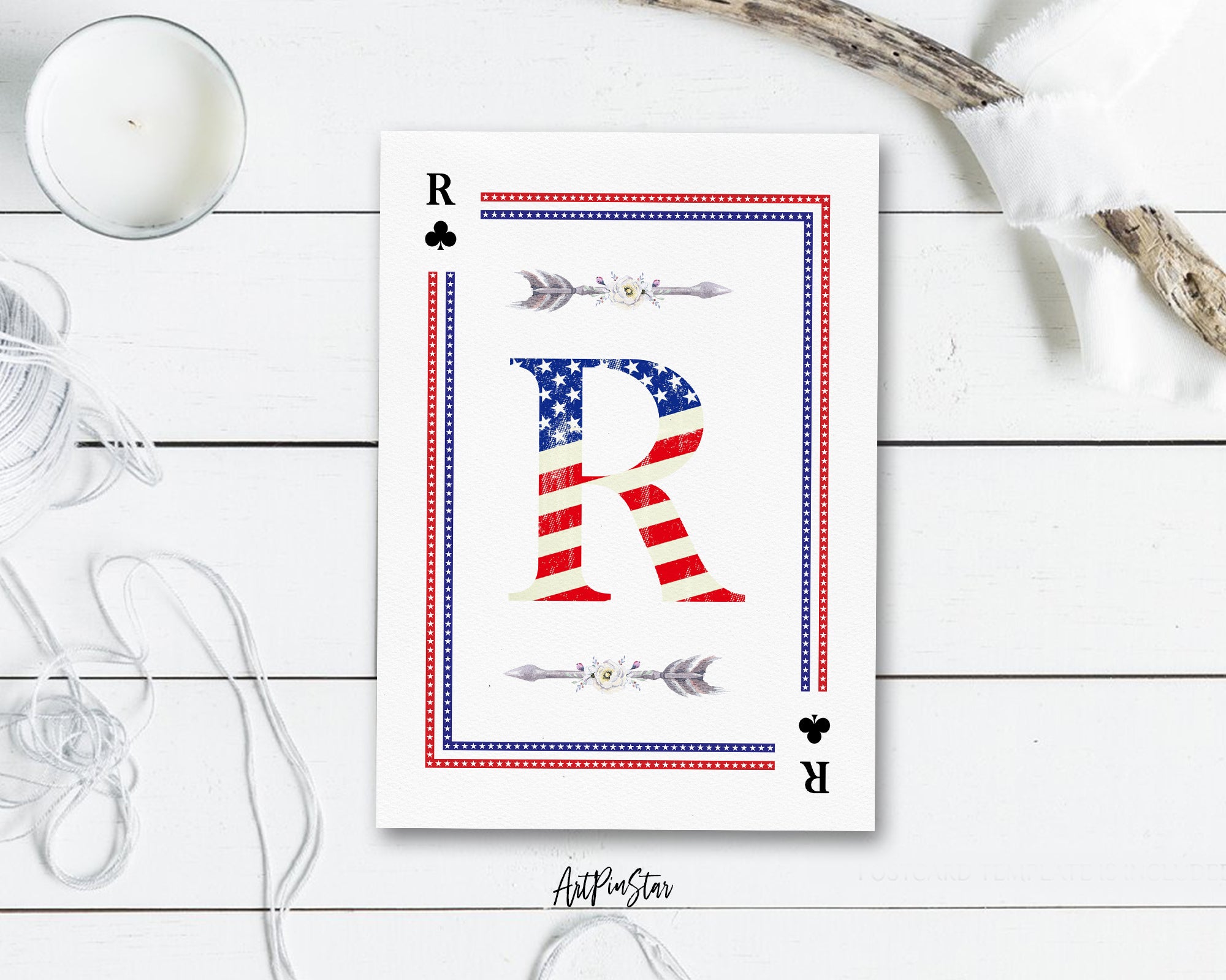 American Flag Letter R Clover Monogram Note Cards