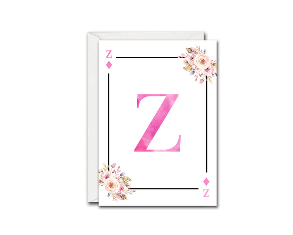 Boho Floral Bouquet Initial Flower Letter Z Diamond Monogram Note Cards