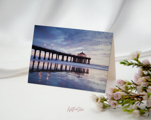 Manhattan Beach Pier, Low Tide at Sunset, California Landscape Custom Greeting Cards