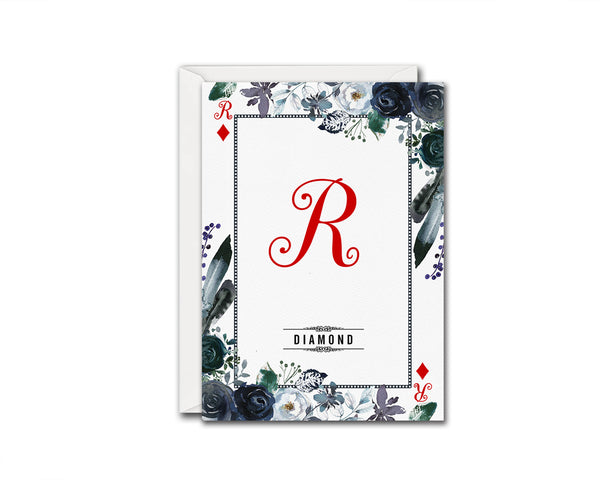Watercolor Floral Flower Bouquet Initial Letter R Diamond Monogram Note Cards