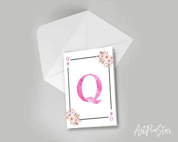 Boho Floral Bouquet Initial Flower Letter Q Diamond Monogram Note Cards