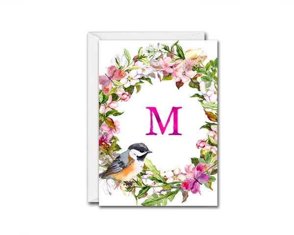 Alphabet Wreath Pink Letter M Boho Floral bird Monogram Note Cards