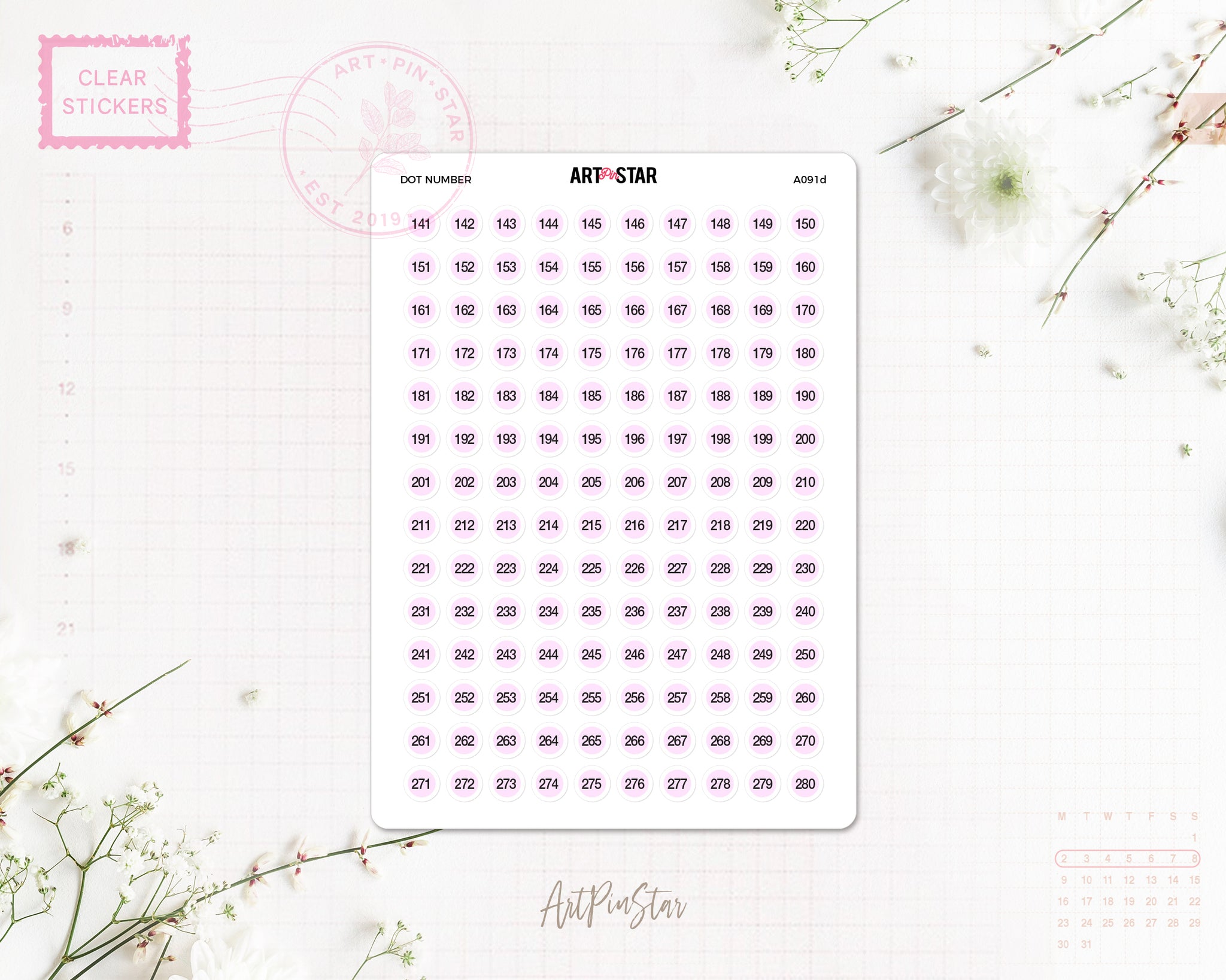 Dot Number Planner Sticker, Pink 141
