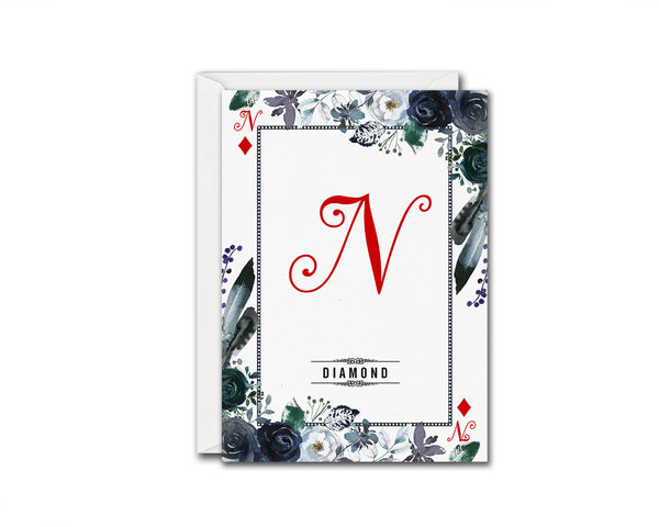 Watercolor Floral Flower Bouquet Initial Letter N Diamond Monogram Note Cards