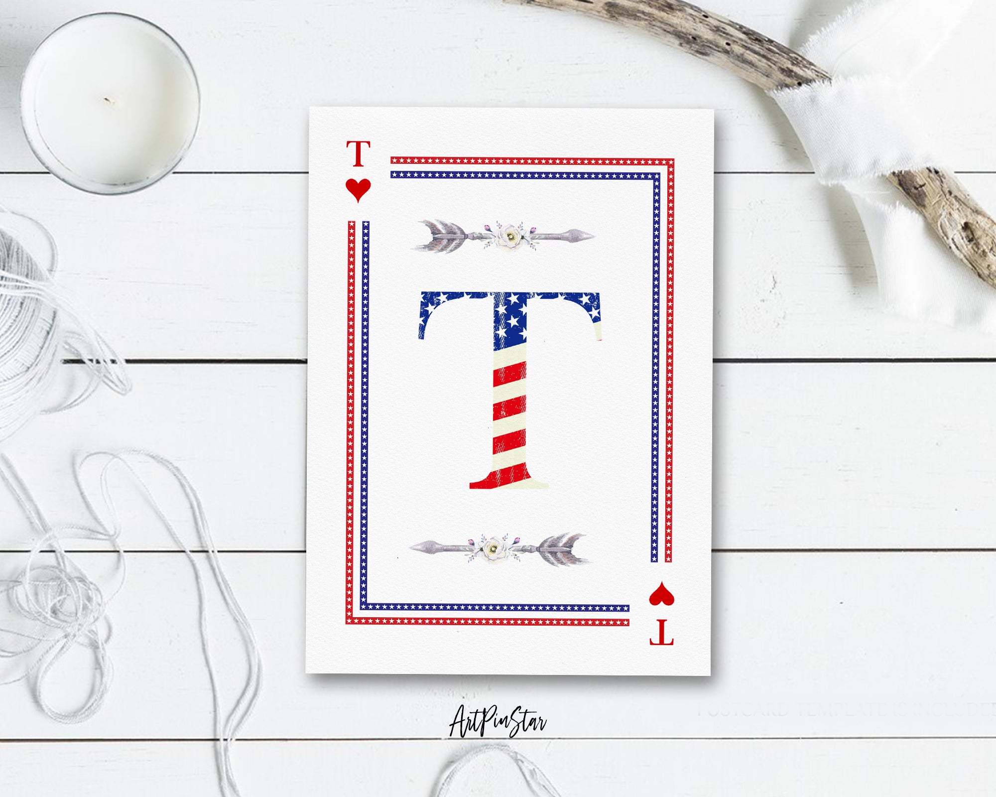 American Flag Letter T Heart Monogram Note Cards