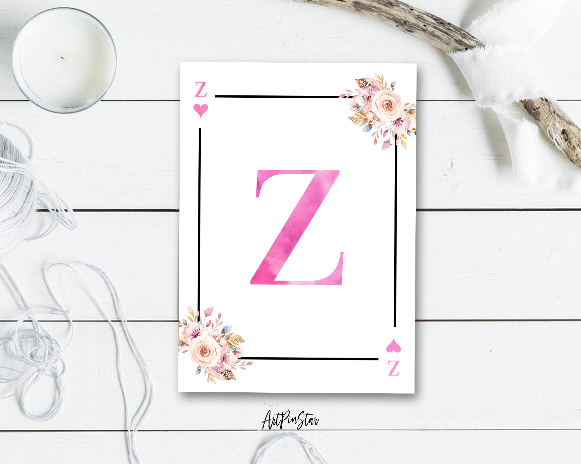 Boho Floral Bouquet Initial Flower Letter Z Heart Monogram Note Cards