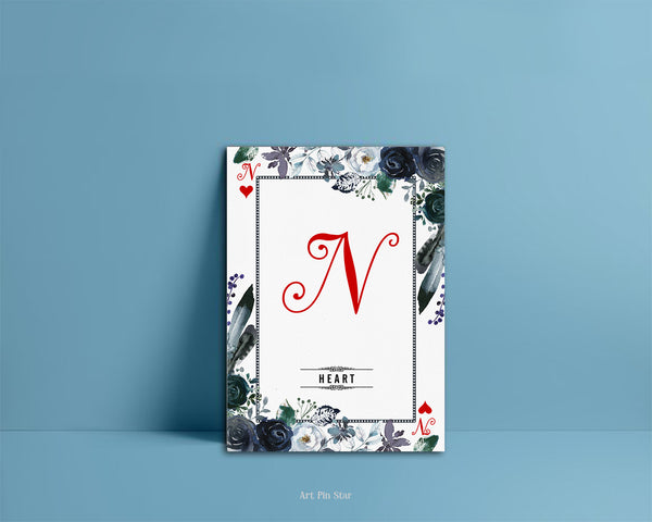 Watercolor Floral Flower Bouquet Initial Letter N Heart Monogram Note Cards