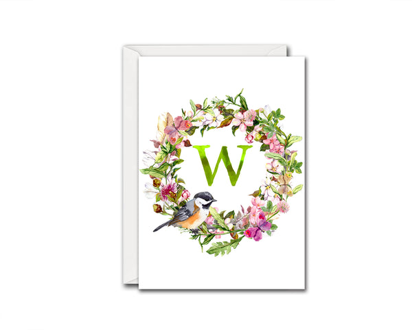 Alphabet Wreath Green Letter W Boho Floral bird Monogram Note Cards
