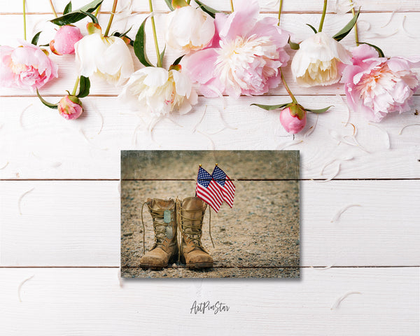 Military Combat Boots with Dog Tags and American Flags Veterans Day Custom Holiday Greeting Cards