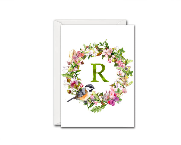 Alphabet Wreath Green Letter R Boho Floral bird Monogram Note Cards